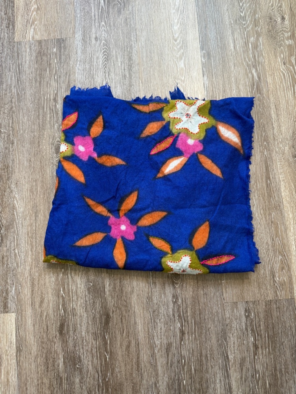 Camerucci Blue Floral Scarf with Orange and Pink Accents 100% wool